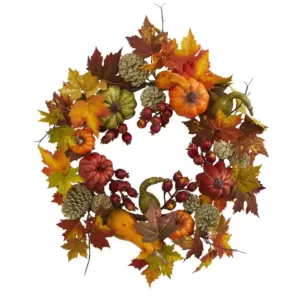 Nearly Natural 24 in. Pumpkin, Gourd, Berry and Maple Leaf Wreath