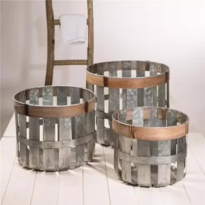 Glitzhome Farmhouse Slotted Galvanized Metal Storage Basket (Set of 3)