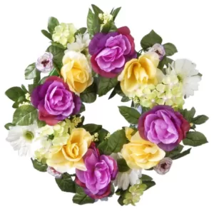 National Tree Company 18 in. Decorated Wreath with Daisies, Roses and Hydrangeas