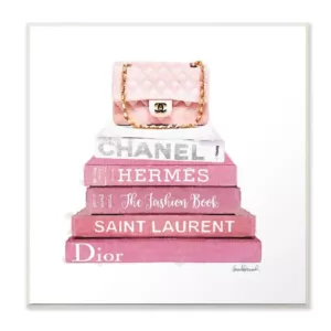 Stupell Industries 12 in. x 12 in. "Pink Book Stack Fashion Handbag" by Amanda Greenwood Printed Wood Wall Art