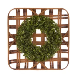 Glitzhome 18 in. Dia Boxwood Wreath with 24 in. L Bamboo Basket