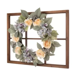 Glitzhome 22 in. Dia Hydrangea Rose Wreath with 28 in. H Wooden Window Frame