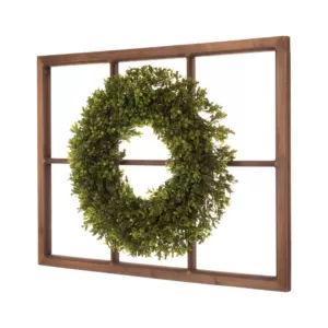 Glitzhome 18 in. Dia Boxwood Wreath with 28 in. H Wooden Window Frame