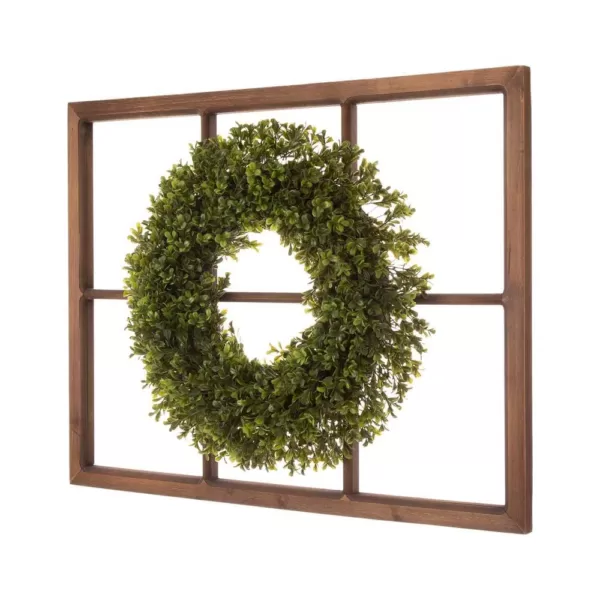 Glitzhome 18 in. Dia Boxwood Wreath with 28 in. H Wooden Window Frame