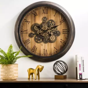 Glitzhome 27.76 in. D Vintage Industrial Oversized Wooden/Metal Wall Clock with Moving Gears