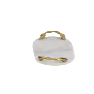 LITTON LANE 20 in. W x 2 in. H White Marble Oval Decorative Tray with Gold Leaf-and-Vine-Shaped End Handles