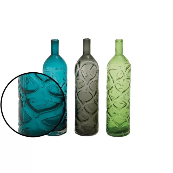 LITTON LANE 16 in. Polished Assorted Colors and Geometric Embossed Embellishments Glass Decorative Vases (Set of 3)