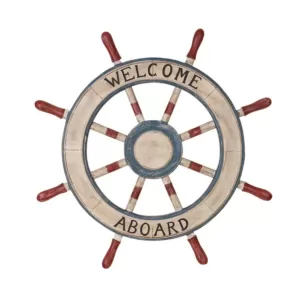 LITTON LANE 23 in. Dia Nautical Welcome Aboard Wooden Ship Wheel