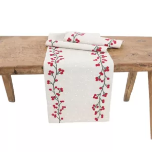 Manor Luxe 15 in. x 90 in. Holly Berry Branch Crewel Embroidered Christmas Table Runner, Natural