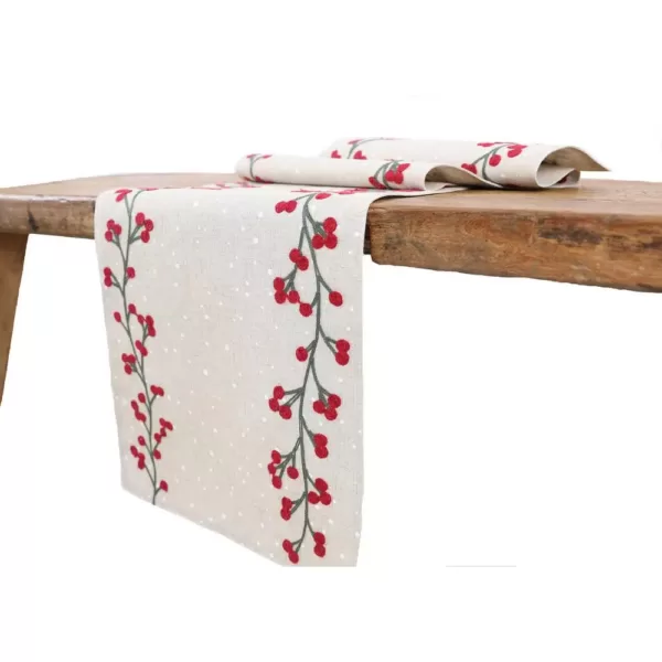Manor Luxe 16 in. x 36 in. Holly Berry Branch Crewel Embroidered Christmas Table Runner, Natural