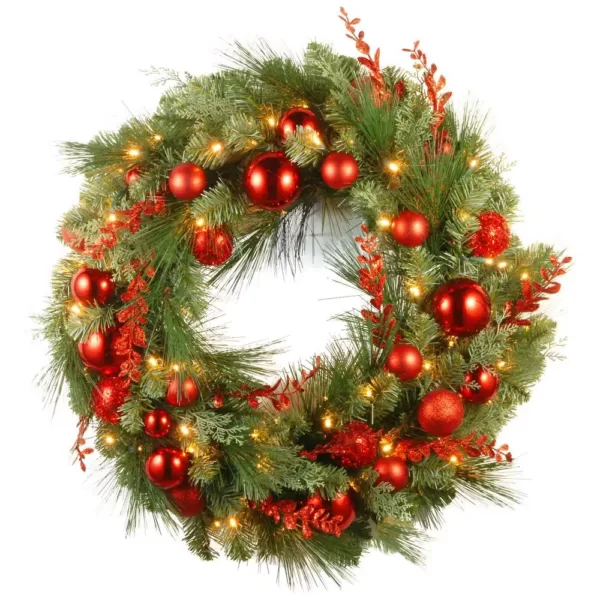 National Tree Company 30 in. Battery Operated Decorative Collection Christmas Red Mixed Wreath with Warm White LED Lights