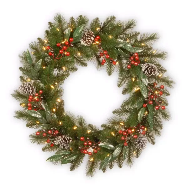National Tree Company 30 in. Frosted Pine Berry Wreath with Battery Operated LED Lights