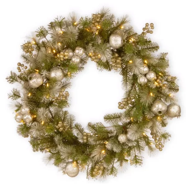 National Tree Company 30 in. Battery Operated LED Lights Glittery Pomegranate Pine Wreath