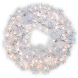 National Tree Company 30 in. Wispy Willow Grande White Artificial Wreath with Clear Lights