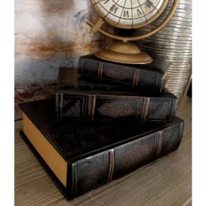 LITTON LANE Vintage Rectangular Wood and Synthetic Leather Flourished Book Boxes (Set of 3)