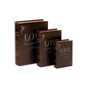 LITTON LANE Vintage Rectangular Wood and Faux Leather "Love" Book Boxes (Set of 3)