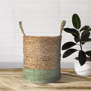 LR Home Wise Braided Natural Jute Green Decorative Basket with Handles