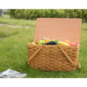 Vintiquewise Large Woodchip Picnic Basket with White Lining and Wooden Lid