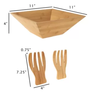 Classic Cuisine 11 in. Square Bamboo Salad Bowl with Utensils