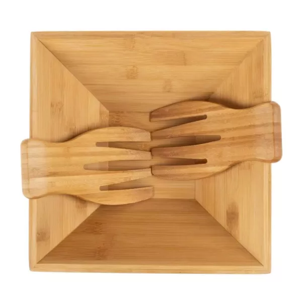 Classic Cuisine 11 in. Square Bamboo Salad Bowl with Utensils