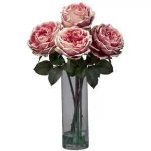 Nearly Natural 18 in. H Pink Fancy Rose with Cylinder Vase Silk Flower Arrangement