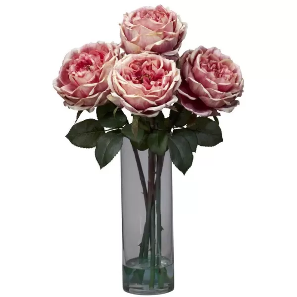 Nearly Natural 18 in. H Pink Fancy Rose with Cylinder Vase Silk Flower Arrangement