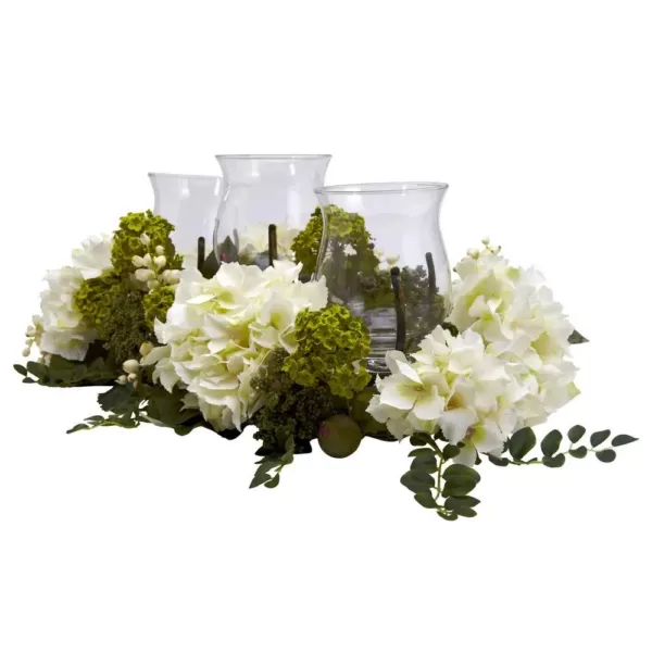 Nearly Natural 9.5 in. H White Snowball Hydrangea Triple Candelabrum