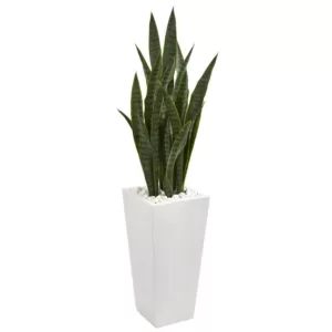 Nearly Natural 4 ft. Sansevieria Artificial Plant in White Tower Planter