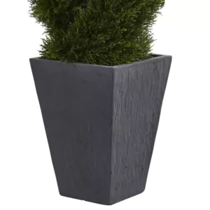 Nearly Natural 4 ft. High Indoor/Outdoor Cypress Double Spiral Topiary Artificial Tree in Slate Planter