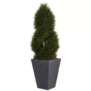 Nearly Natural 4 ft. High Indoor/Outdoor Cypress Double Spiral Topiary Artificial Tree in Slate Planter