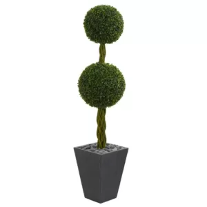 Nearly Natural 5 ft. High Indoor/Outdoor Double Ball Boxwood Topiary Artificial Tree in Slate Planter
