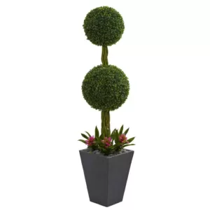 Nearly Natural 5 ft. High Indoor/Outdoor Double Boxwood Ball Topiary Artificial Tree in Slate Planter