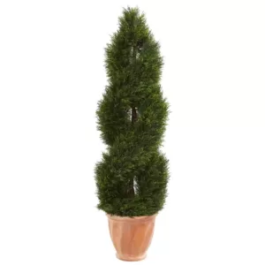 Nearly Natural 4.5 ft. High Indoor/Outdoor Double Pond Cypress Topiary Artificial Tree in Terracotta Planter