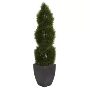 Nearly Natural 5 ft. High Indoor/Outdoor Double Pond Cypress Spiral Topiary Artificial Tree in Black Wash Planter
