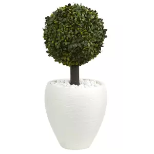 Nearly Natural 26 in. High Indoor/Outdoor Boxwood Topiary Artificial Tree in White Oval Planter