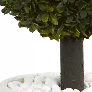 Nearly Natural 26 in. High Indoor/Outdoor Boxwood Topiary Artificial Tree in White Oval Planter