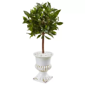 Nearly Natural Indoor Sweet Bay Mini Topiary Artificial Tree in White Urn