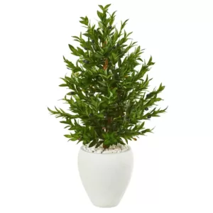 Nearly Natural Indoor/Outdoor 3.5-Ft. Olive Cone Topiary Artificial Tree in White Planter