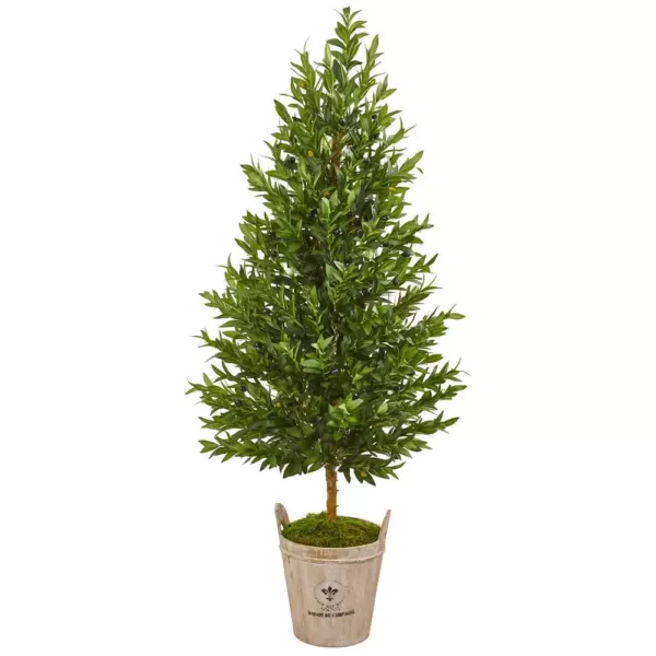 Nearly Natural Indoor 5-Ft. Olive Cone Topiary Artificial Tree in Farmhouse Planter