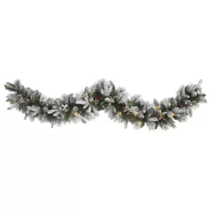 Nearly Natural 6 ft. Battery Operated Pre-lit Flocked Mixed Pine Artificial Christmas Garland with 50 LED Lights, Pine Cones, Berries