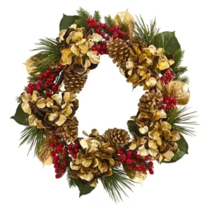 Nearly Natural 24in. Unlit Artifical Holiday Wreath with Golden Hydrangea, Berries and Pine