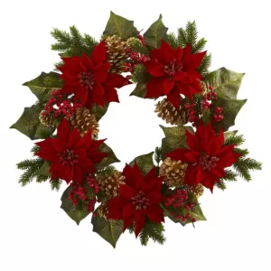 Nearly Natural 24in. Unlit Artifical Holiday Wreath with Poinsettia, Berry and Golden Pine Cone