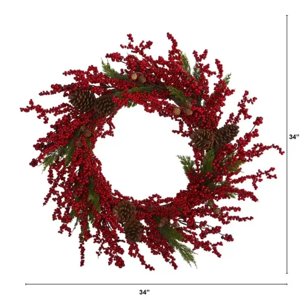 Nearly Natural 34 in. Cypress Artificial Wreath with Berries and Pine Cones