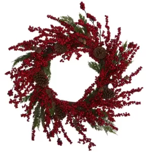 Nearly Natural 28 in. Cypress Artificial Wreath with Berries and Pine Cones