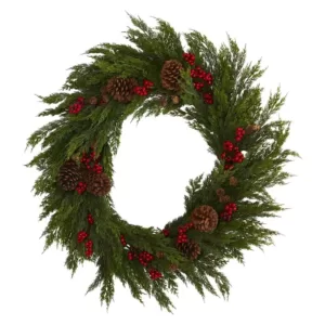Nearly Natural 32 in. Cypress with Berries and Pine Cones Artificial Wreath