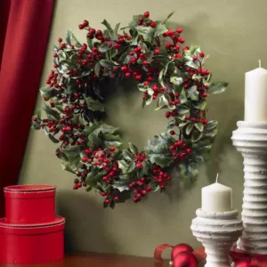 Nearly Natural 24in. Artificial Wreath with Holly Berries