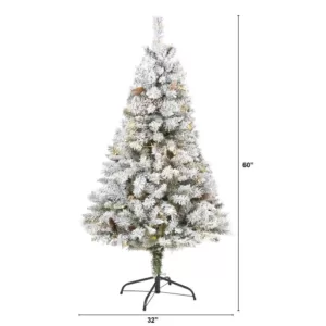 Nearly Natural 5 ft. White Pre-Lit Flocked River Mountain Pine Artificial Christmas Tree with Pine Cones and 150 Clear LED Lights