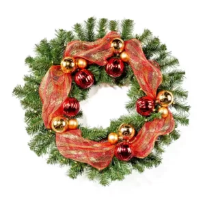 Noble House 24 in. Pre-Lit LED Artificial Christmas Wreath with Gold and Red Ornaments