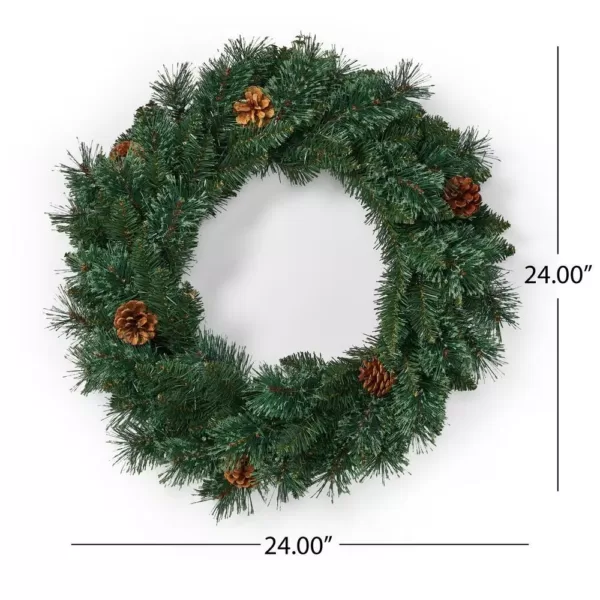 Noble House 24 in. Green Battery Operated Pre-Lit Warm White LED Mixed Pine Artificial Christmas Wreath with Pine Cones