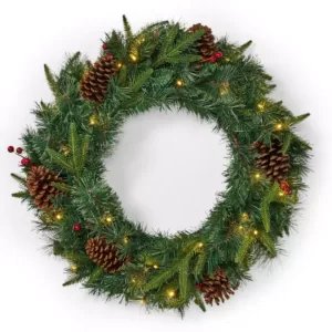 Noble House 24 in. Green Battery Operated Pre-Lit Warm White LED Mixed Pine Artificial Christmas Wreath with Pine Cones and Berries